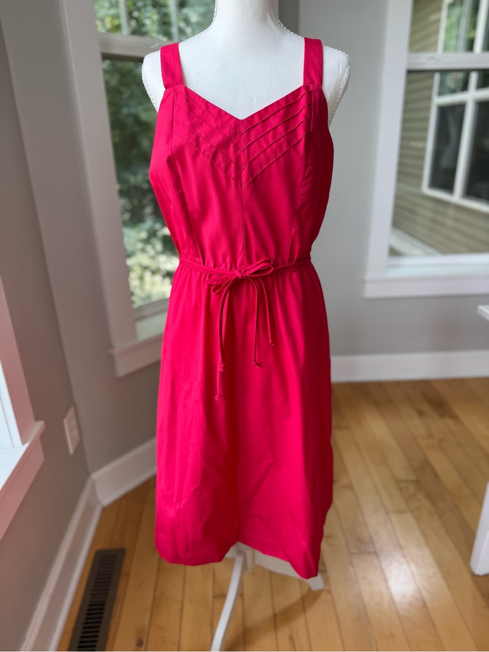Vintage 80s 90s J.J. Dean Hot Pink Cotton Midi Dress with Tie Waist Sz 12